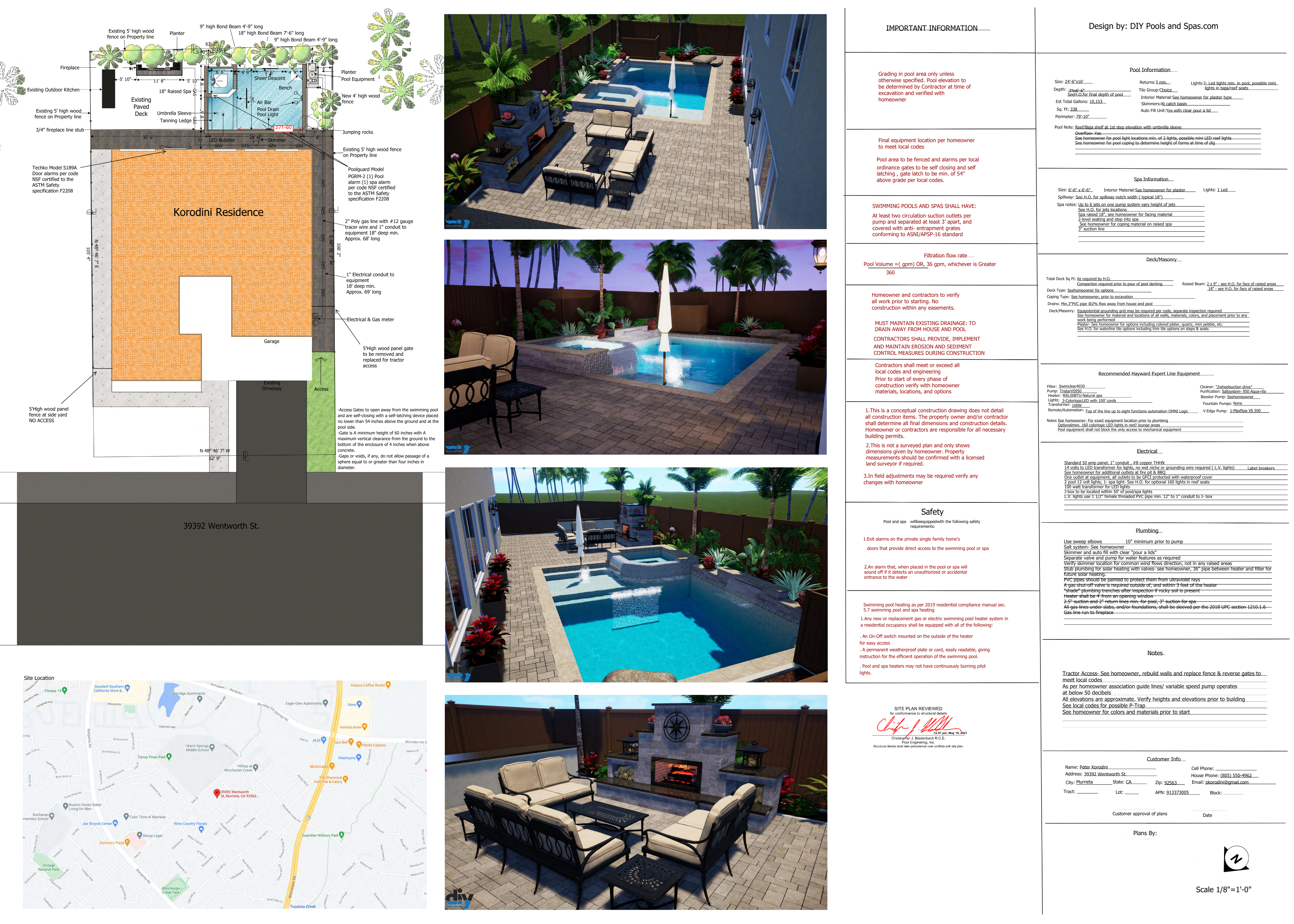Permit-ready construction plan with site layout, 3D renders, and specifications