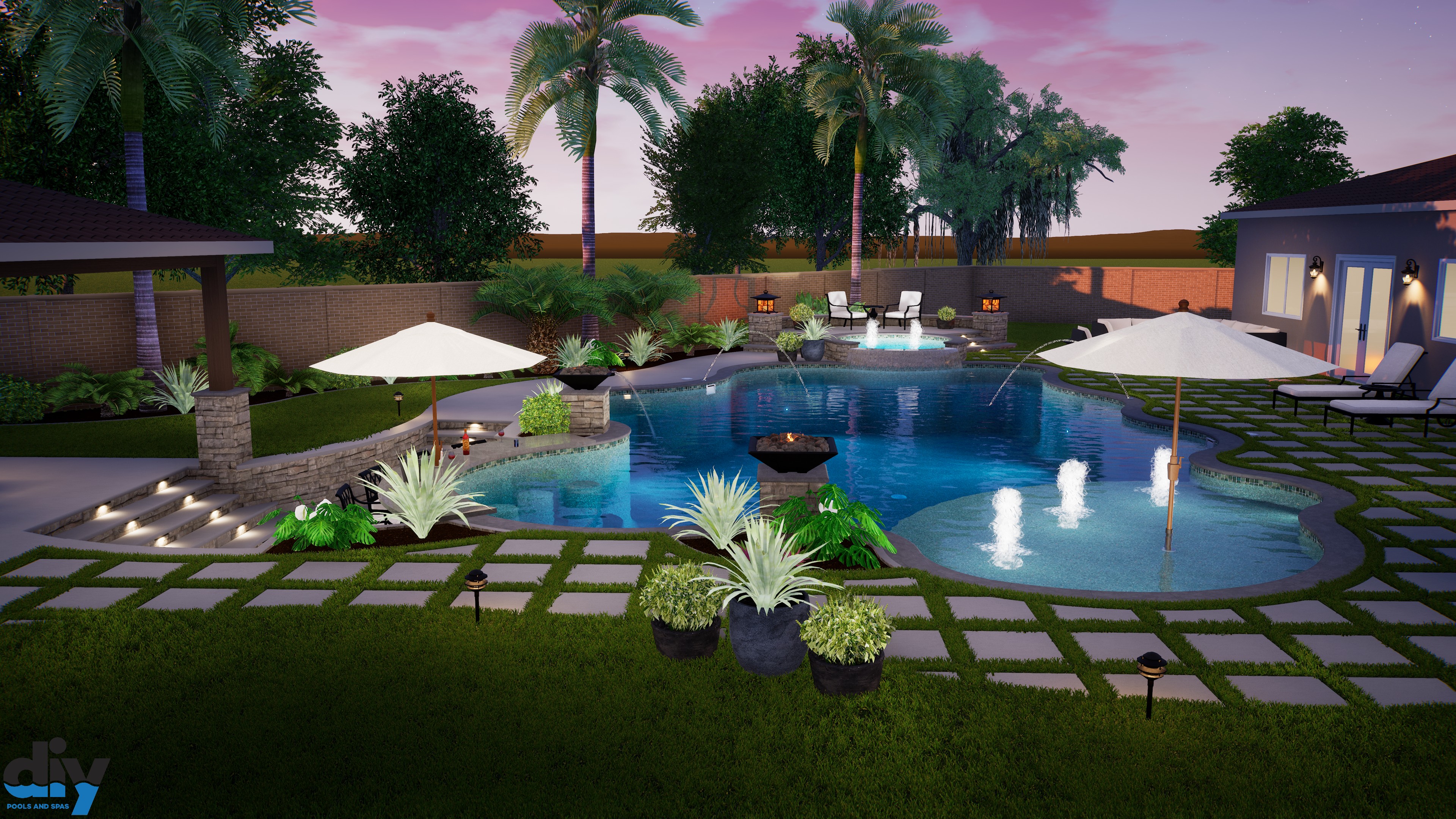 Resort-style pool design with ambient lighting at dusk