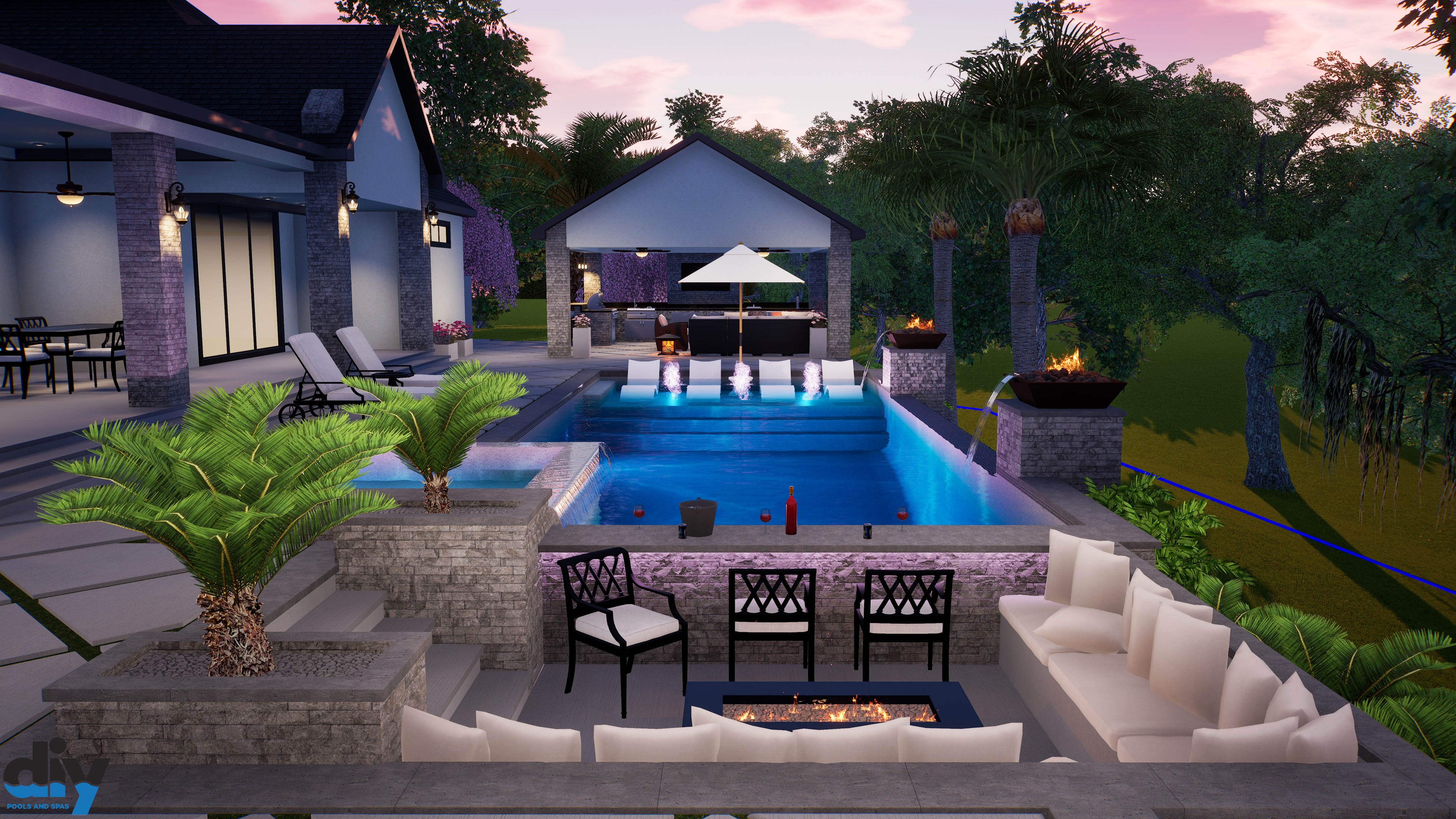 Luxury resort-style pool design at twilight with fire features and lounge seating